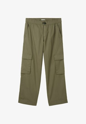 Pantalon cargo vert olive avec une taille élastique, un cordon de serrage et deux grandes poches latérales. Confectionné dans un tissu léger avec une coupe décontractée.