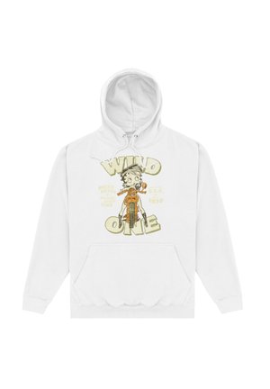 Biała bluza z kapturem z grafiką postaci z kreskówek na motocyklu, z napisem "WILD ONE" oraz vintage'owymi detalami w zieleni i pomarańczu.