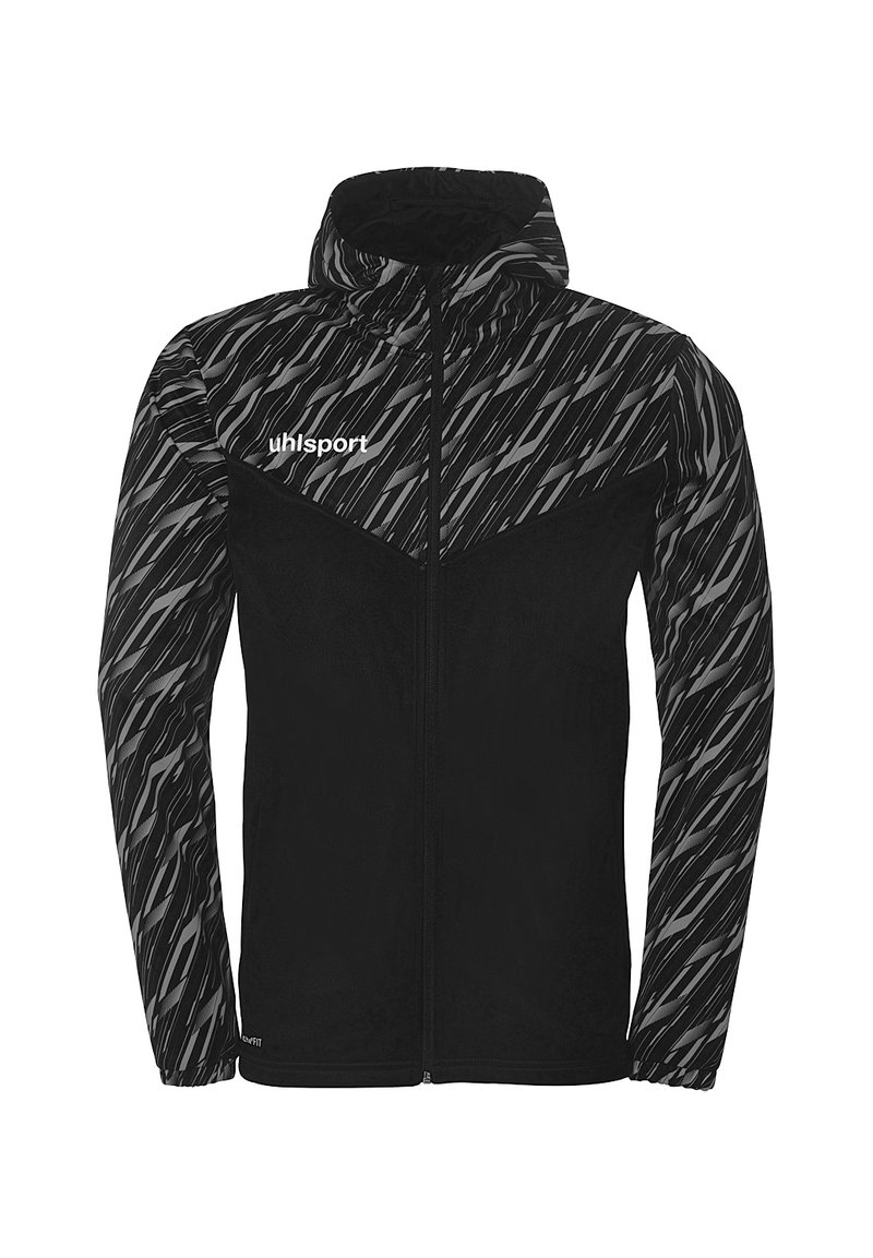 Sort jakke med lynlås foran, hætte og tekstureret mønster i grå nuancer på ærmerne og overkroppen. Har "uhlsport" logo på brystet.