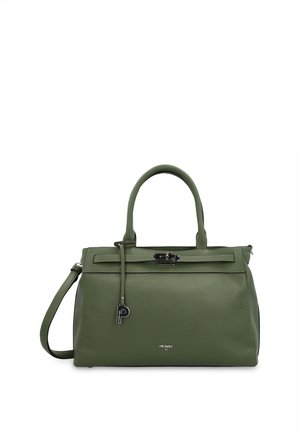 Grüne Ledertasche mit oberen Griffen, abnehmbarem Schulterriemen, Metallverschluss und kleinem Markenlogo in der vorderen Mitte.