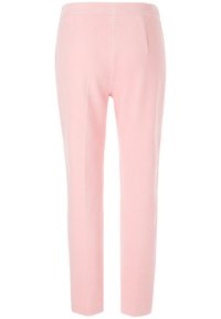 Light pink corduroy trousers with a straight leg cut, featuring side pockets and a clean finish at the hem. Textured fabric visible.