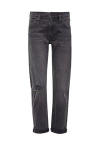 Pantalones vaqueros de denim negro con un ajuste relajado, con detalles desgastados en la rodilla y puños deshilachados. Diseño clásico de cinco bolsillos, cierre de botón.