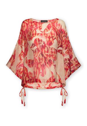 Luźna, przejrzysta bluzka z szerokimi rękawami w czerwono-beżowy abstrakcyjny wzór, okrągły dekolt i regulowane wiązania na dole.