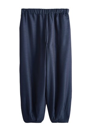 Pantalon bleu marine ample avec taille élastique et bas élastiques aux chevilles, confectionné dans un tissu léger.