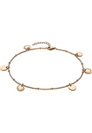 Bracelet délicat en chaîne d'or avec six petites breloques rondes en or espacées de manière régulière, équipé d'un fermoir ajustable et d'une chaîne d'extension.