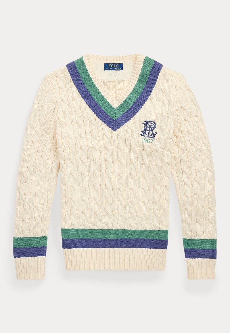 Kremo spalvos kabelių mezgimo švarkelis su V formos iškirpte, turintis žalių ir violetinių juostelių akcentus ant apykaklės ir rankogalių, o taip pat siuvinėtą logotipą.