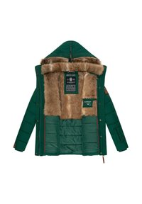 Green puffer jacket with a fur-lined hood. Features quilted texture and interior tags, showcasing a warm, insulated design.