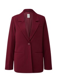 Blazer bordeaux con revers a punta, chiusura con un bottone e due tasche frontali; tessuto liscio e forma sagomata.
