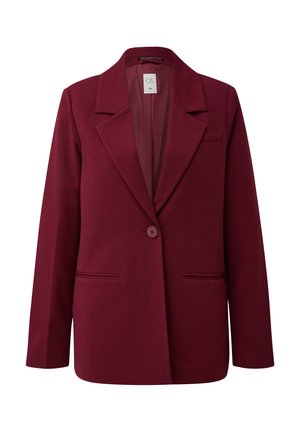Bordeaux blazer met een gekartelde revers, sluiting met één knoop en twee voorzakken; gladde textuur en getailleerde pasvorm.