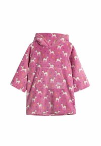 Lyserød fleece poncho med hætte, dekorert med enhjørning- og stjernemønster, frontlomme og lange ærmer. Blød tekstur og livlige farver.