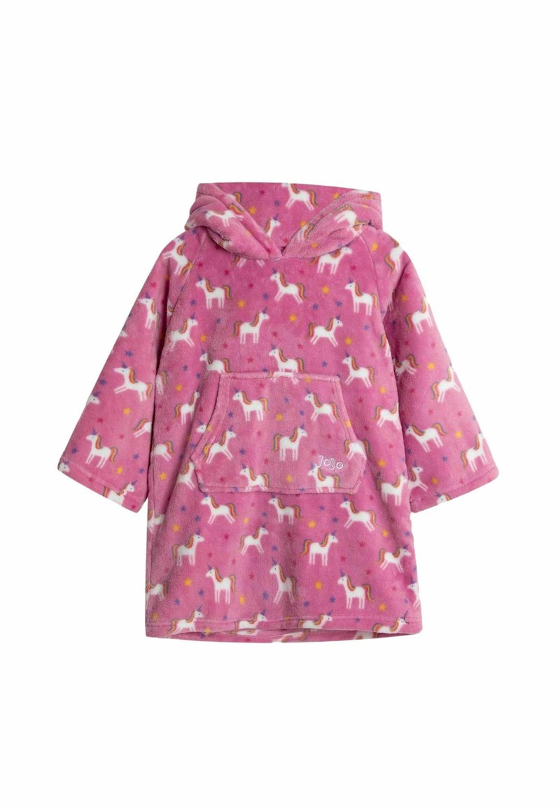 Lyserød fleece poncho med hætte, dekorert med enhjørning- og stjernemønster, frontlomme og lange ærmer. Blød tekstur og livlige farver.