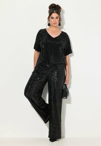 Ulla Popken WIDE LEG SEQUINED - Kalhoty - black