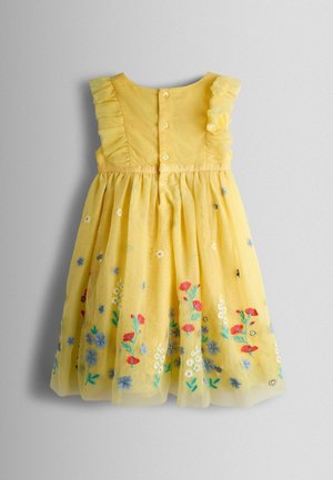 Gele zomerjurk met gerimpelde schouders, knopen aan de achterkant en kleurrijke bloemenborduursels aan de zoom. Gemaakt van lichtgewicht, doorschijnende stof.