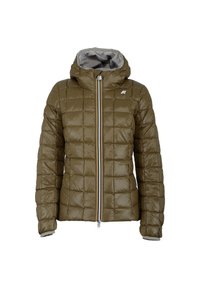 Giacca puffer verde oliva, modello trapuntato, design con cappuccio, zip frontale completa, polsini elasticizzati e fodera interna di contrasto.