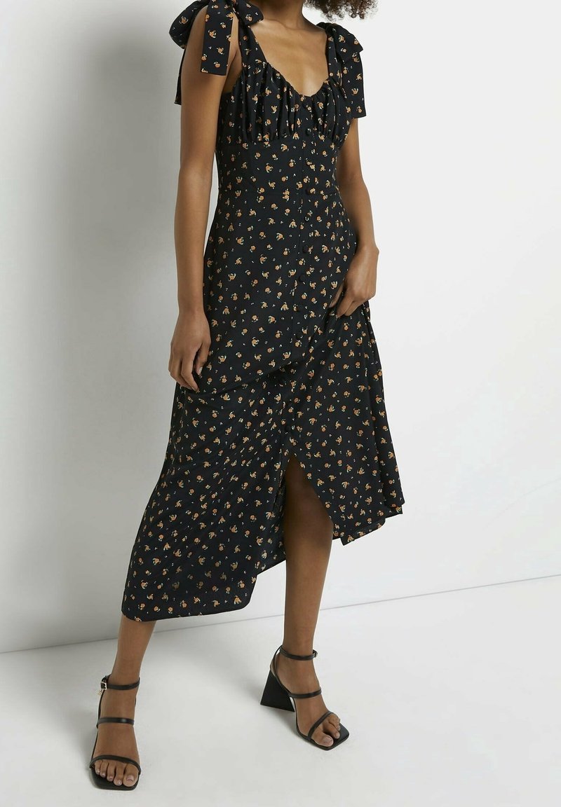 river island black floral midi dress River Island mixed floral wrap midi dress in black