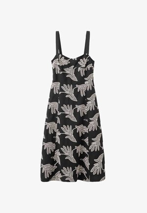 Zwarte jurk met dunne bandjes, voorzien van een wit abstract bladpatroon, een getailleerd lijfje en een uitlopende rok. Lichtgewicht stoftextuur.