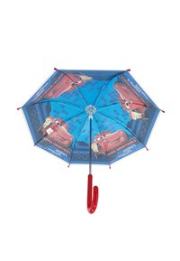 Children's umbrella with red handle featuring multiple images of a red race car character on a blue background.