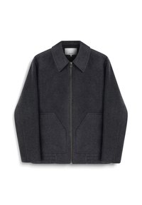 Marynarka z mieszanki wełny w ciemnoszarym kolorze, z suwakiem z przodu, kołnierzem typu point oraz dwoma skośnymi kieszeniami na piersi. Posiada usztywniane ramiona i prążkowane akcenty.