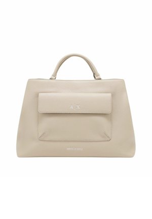 Borsa in pelle beige con manico superiore, tasca frontale con patta che mostra il logo "A|X" e scritta "Armani Exchange" al centro in basso.