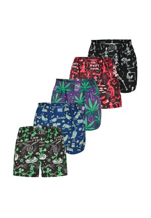 Fünf bunte Boxershorts mit verschiedenen auffälligen Mustern, darunter Skelette, Hanfblätter und Comicfiguren, in einer versetzten Reihe angeordnet.