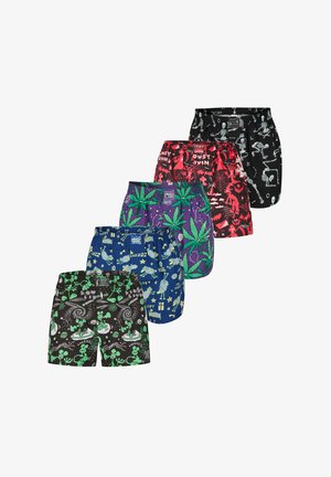 Fünf bunte Boxershorts mit verschiedenen auffälligen Mustern, darunter Skelette, Hanfblätter und Comicfiguren, in einer versetzten Reihe angeordnet.
