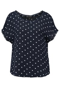 Námořnická modrá blůza s puntíky vyrobená z lehkého materiálu, s volným střihem, kulatým výstřihem a krátkými rukávy s jemným lemem.