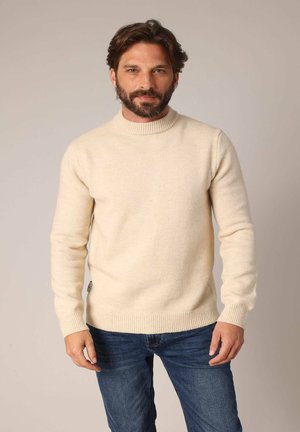 Pull beige clair avec un col montant, fabriqué dans un matériau doux et texturé. Il a des manches longues et des poignets et un ourlet côtelés.