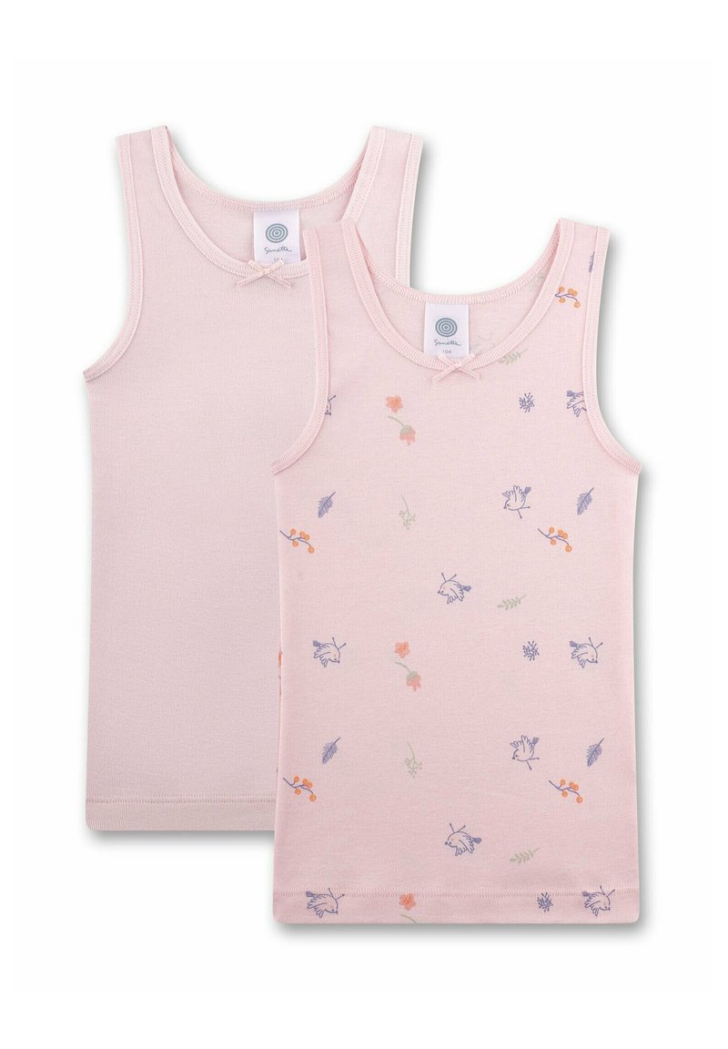 Two pink sleeveless toddler tops, one solid and one with small floral and bird prints, both with round necklines and small front bows.
