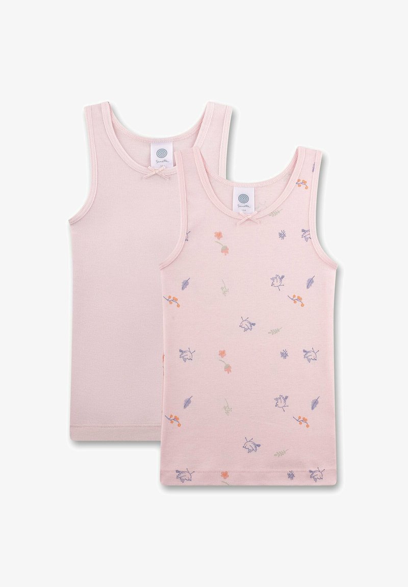 Two pink sleeveless toddler tops, one solid and one with small floral and bird prints, both with round necklines and small front bows.