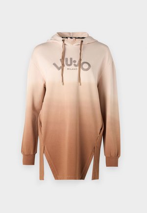 Felpa con cappuccio in un gradiente dal beige al marrone, con un logo in finitura metallica, fessure laterali e polsini a costine. Tessuto liscio e morbido.