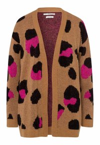 Kardigan tillverkad av mjukt tyg, med en beige bakgrund och svarta och rosa leopardfläckar. Öppen framsida med ribbade muddar och nederkant.