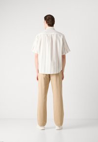 Korte mouwen gestreept shirt in wit en tan, met een ontspannen pasvorm. Gecombineerd met beige broek, met een soepele textuur en brede benen.