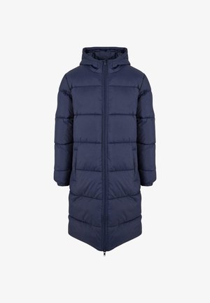 Marineblå dunjakke med hætte, med frontlynlås, lange ærmer, quiltede sektioner og sidelommer.