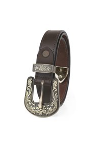 Cinturón de cuero marrón con una hebilla plateada ancha y ornamentada, con grabados florales y un gancho metálico. Textura suave con costuras en contraste.