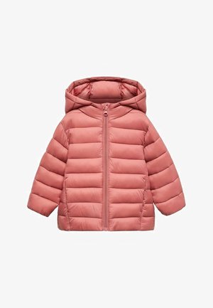 Różowa pikowana kurtka z kapturem, z przednim zamkiem błyskawicznym, pikowanym wzorem i elastycznymi mankietami. Gładka tekstura, lekka konstrukcja.