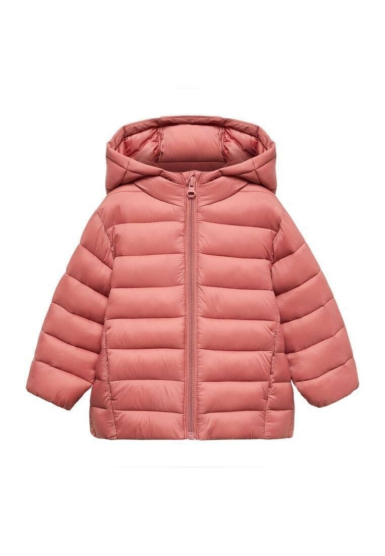 Vaaleanpunainen pehmustettu takki hupulla, jossa on etuvetoketju, tikattu pinta ja joustavat hihat. Sileä rakenne, kevyt muotoilu.