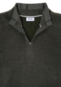 Fleecová mikina tmavě zelené barvy s výstřihem na zip, s texturovaným povrchem a žebrovaným límcem v kontrastní mechově zelené barvě.