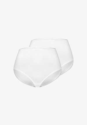 Twee effen witte slips met hoge taille, van voren getoond, met volledige bedekking en elastische taillebanden.