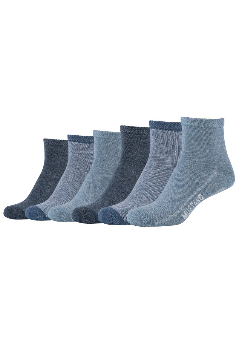 Sei paia di calze da crew in diverse tonalità di blu, con un mix di finiture texture e lisce; ciascuna ha un bordo a contrasto.