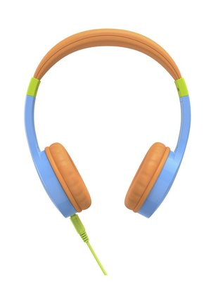Over-ear wired headphones with blue ear cups, orange cushioned pads and headband, and a lime green audio cable and connectors.