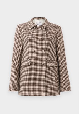 Ruisunruskea ja beige houndstooth-kuvioinen kaksirivinen takki, jossa on kaulus ja etutaskut, valmistaja Paul & Joe.