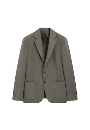 Veste grise à simple boutonnage avec deux boutons à l'avant, revers crantés, deux poches plaquées et poignets boutonnés, présentée sur fond blanc.