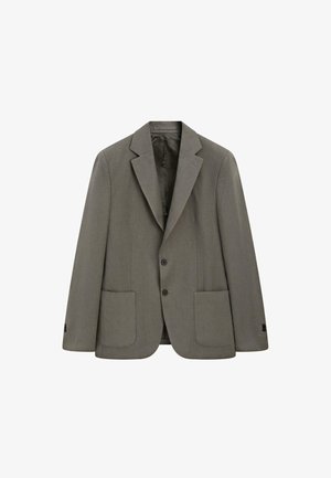 Grijze enkelrijige blazer met twee knopen aan de voorkant, notch-revers, twee opgestikte zakken en knoopmansetten, weergegeven op een witte achtergrond.