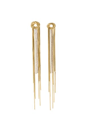 Kolczyki w złotym kolorze z wydłużonymi łańcuszkami i centralnym rzędem przezroczystych kryształów, tworzące elegancki i nowoczesny design.