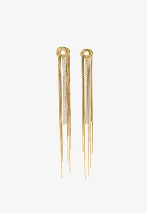 Kolczyki w złotym kolorze z wydłużonymi łańcuszkami i centralnym rzędem przezroczystych kryształów, tworzące elegancki i nowoczesny design.