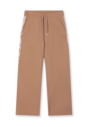 Braune Jogginghosen aus weichem Material, mit elastischem Bund, Kordelzug, zwei seitlichen Taschen und einem dezenten Muster an der Seitennaht.