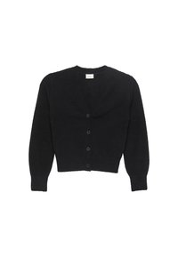 Schwarzer, gemütlicher Cardigan mit V-Ausschnitt, langen Ärmeln und fünf Knöpfen vorne, gefertigt aus einem weichen, strukturierten Material.