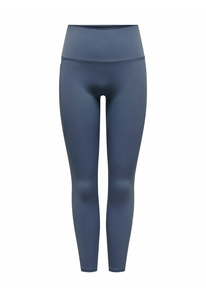 Sötétkék, magas derekú leggings sima anyagból, rugalmas fazonnal, látható minták vagy díszítések nélkül.