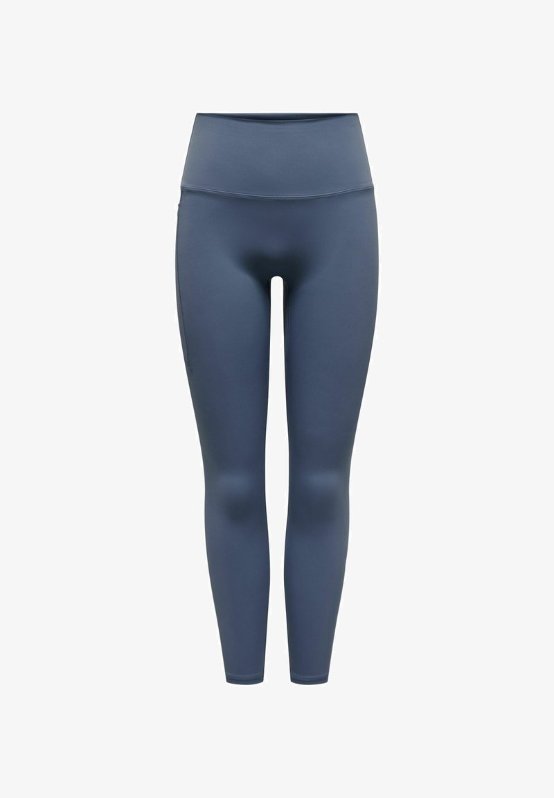 Leggings de cintura alta numa cor azul escuro, feitos de um tecido suave com um ajuste elástico, sem padrões ou embelezamentos visíveis.