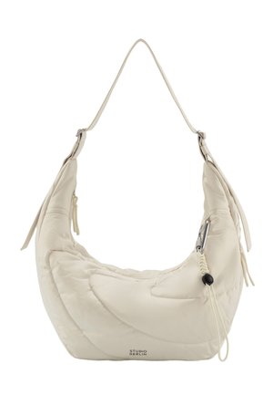 Off-white quilted crescent-shaped shoulder bag with adjustable strap, zipper closure, and Studio Berlin logo at the bottom center.
